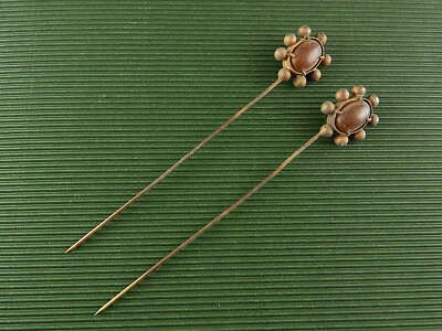 ACCESSORI ABBIGLIAMENTO EPOCA VITTORIANA ANTICA COPPIA SPILLONI CAPPELLO AMBRA #