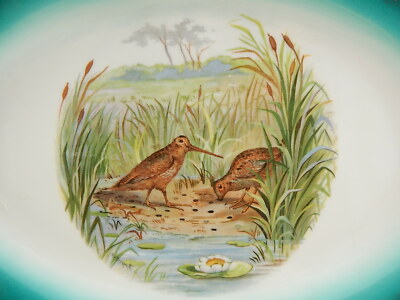 ANTICO 1800 VASSOIO PIATTO OVALE PORCELLANA AUSTRIA VIENNA VERDE ORO BECCACCE