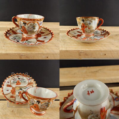 ANTICO SET PICCOLA TAZZA E PIATTINO PORCELLANA GIAPPONESE DIPINTO A MANO GEISHA