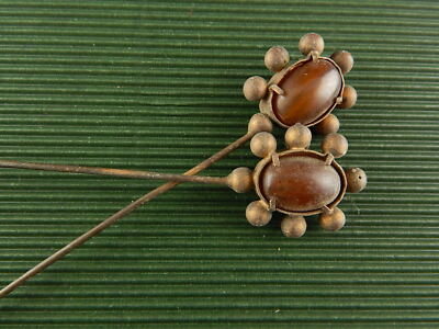 ACCESSORI ABBIGLIAMENTO EPOCA VITTORIANA ANTICA COPPIA SPILLONI CAPPELLO AMBRA #