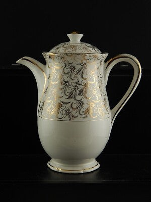 ANTICA RARA CAFFETTIERA SARREGUEMINES DIGOIN 1920 CERAMICA BIANCA ORO ZECCHINO