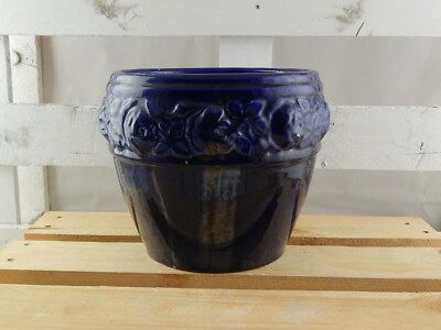 ANTICO ARTIGIANALE CACHE POT VASO JARDINIERE MAIOLICA CERAMICA SMALTATO BLU 1733