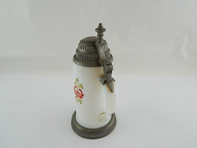 ANTICO PREZIOSO BIEDERMEIER XIX SECOLO BOCCALE BIRRA VETRO OPALINO DIPINTO MANO#