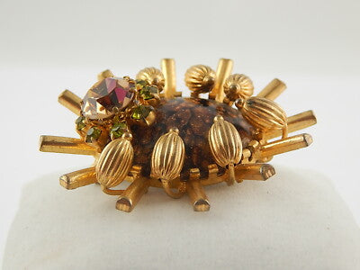 ANTICA SPILLA GIOIELLO INSETTO VITTORIANA INGLESE DORATA CON CRISTALLI CITRINI