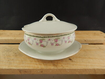 ANTICA SALSIERA CON COPERCHIO CERAMICA VERBANUM STONE LAVENO GHIRLANDE ROSELLINE