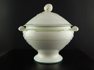 ANTICA RARA ZUPPIERA PORCELLANA VIEUX PARIGI BIANCA PROFILI VERDI E ORO FINE 800