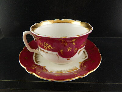 ANTICA PREZIOSA TAZZA E PIATTINO PORCELLANA PARIGI PRIMO 1800 BIANCO PORPORA ORO