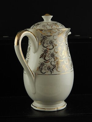 ANTICA RARA CAFFETTIERA SARREGUEMINES DIGOIN 1920 CERAMICA BIANCA ORO ZECCHINO