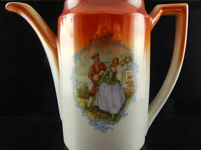 ANTICO SET DA CAFFÈ PORCELLANA DECORO A LUSTRO ARANCIO SCENA GALANTE FINE 800