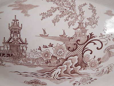 ANTICO GRANDE VASSOIO RAVIERA PORCELLANA META' 1800 GUSTAVSBERG DECORO GONG GONG