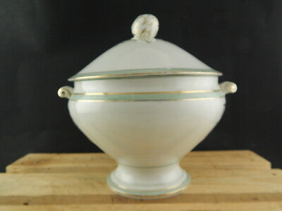 ANTICA ELEGANTE ZUPPIERA PORCELLANA VIEUX PARIS BIANCA DECORI VERDE ORO FINE 800