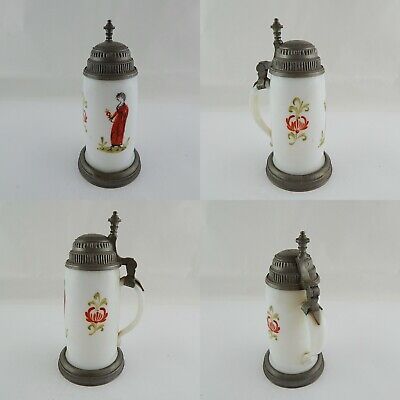 ANTICO PREZIOSO BIEDERMEIER XIX SECOLO BOCCALE BIRRA VETRO OPALINO DIPINTO MANO#