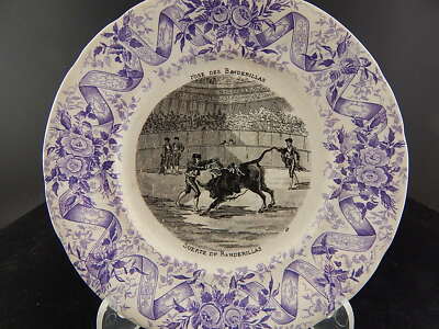 ANTICO PIATTO CERAMICA SARREGUEMINES 1800 LA CORRIDA POSE DE BANDERILLAS