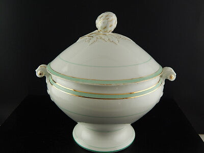 ANTICA RARA ZUPPIERA PORCELLANA VIEUX PARIGI BIANCA PROFILI VERDI E ORO FINE 800