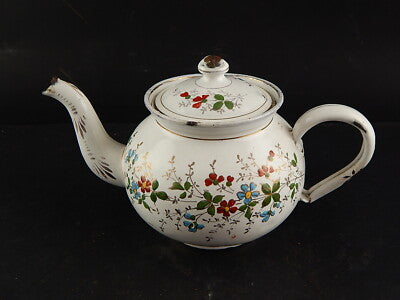 ANTICA RARA TEIERA LATTA SMALTATA ANNI 20 DECORO FLOREALE DIPINTO MANO FRANCESE