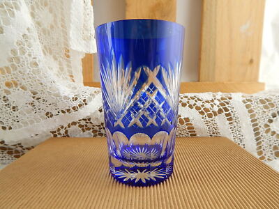 ANTICO RARO BICCHIERE BOCCALE CRISTALLO ART DECO BLU INCISO PUNTA DIAMANTE