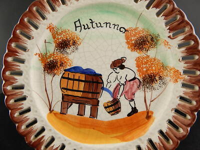 PIATTO DECORATIVO TRAFORATO MAIOLICA CERAMICA BASSANO NOVE DIPINTO MANO AUTUNNO