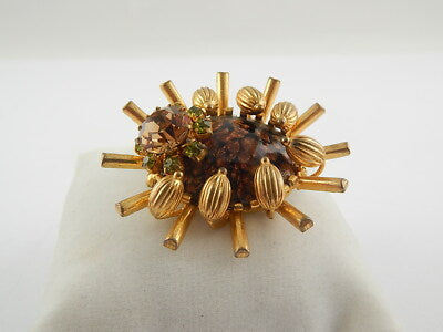 ANTICA SPILLA GIOIELLO INSETTO VITTORIANA INGLESE DORATA CON CRISTALLI CITRINI