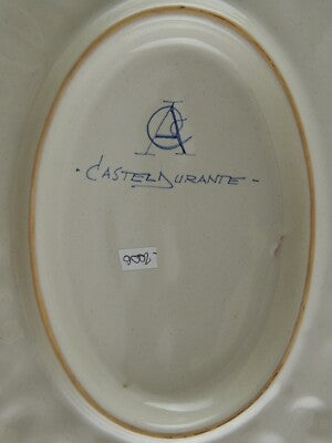 VINTAGE PIATTO OVALE VASSOIO MAIOLICA ITALIA CASTEL DURANTE DIPINTO MANO STEMMA