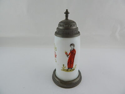 ANTICO PREZIOSO BIEDERMEIER XIX SECOLO BOCCALE BIRRA VETRO OPALINO DIPINTO MANO#