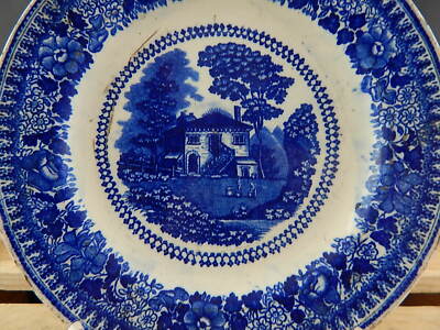 ANTICO VITTORIANO PIATTO CERAMICA 1800 COLLEZIONE BIANCO E BLU TRANSFERWARE