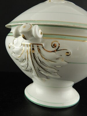 ANTICA RARA ZUPPIERA PORCELLANA VIEUX PARIGI BIANCA PROFILI VERDI E ORO FINE 800