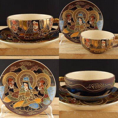ANTIQUARIATO ORIENTALE 1920 CERAMICA GIAPPONE SATSUMA SHIMAZU CREST TAZZA TÈ