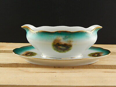 ANTICA FINE 800 SALSIERA PORCELLANA AUSTRIA VIENNA VERDE E ORO DIPINTA ANATRE