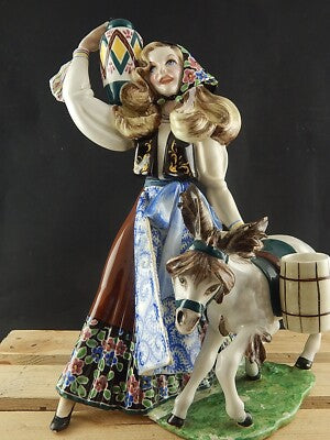 ANTICA SCULTURA TIZIANO GALLI MADE IN ITALY CERAMICA FINE ANNI 30 DONNA E ASINO