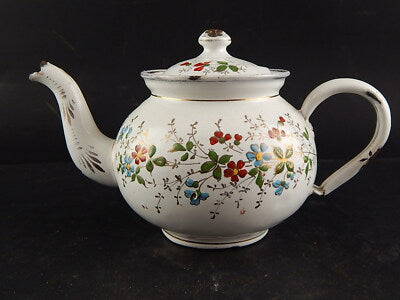 ANTICA RARA TEIERA LATTA SMALTATA ANNI 20 DECORO FLOREALE DIPINTO MANO FRANCESE