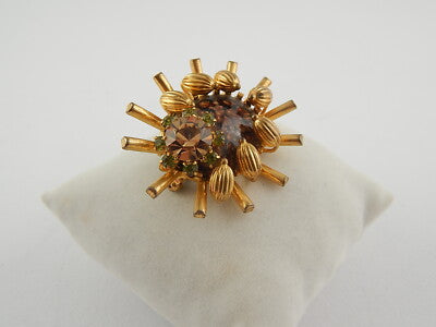 ANTICA SPILLA GIOIELLO INSETTO VITTORIANA INGLESE DORATA CON CRISTALLI CITRINI