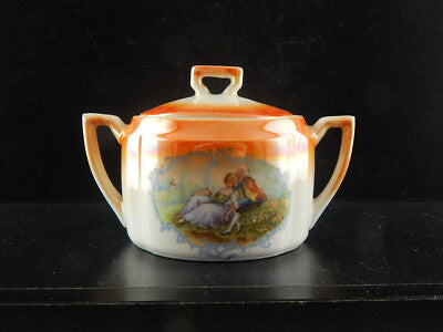 ANTICO SET DA CAFFÈ PORCELLANA DECORO A LUSTRO ARANCIO SCENA GALANTE FINE 800