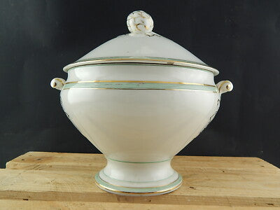 ANTICA ELEGANTE ZUPPIERA PORCELLANA VIEUX PARIS BIANCA DECORI VERDE ORO FINE 800