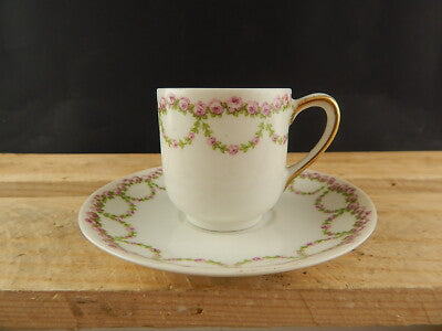 ANTICA TAZZA PORCELLANA ART NOUVEAU LIBERTY GDA LIMOGES PRIMO 900 GHIRLANDE ROSE