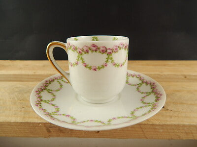 ANTICA TAZZA PORCELLANA ART NOUVEAU LIBERTY GDA LIMOGES PRIMO 900 GHIRLANDE ROSE
