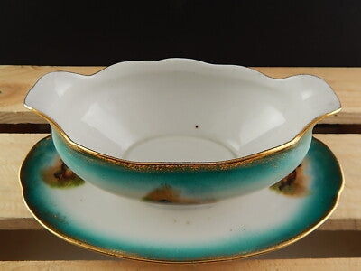 ANTICA FINE 800 SALSIERA PORCELLANA AUSTRIA VIENNA VERDE E ORO DIPINTA ANATRE