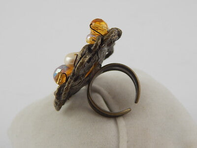 VINTAGE IMPORTANTE PREZIOSO ANELLO COCKTAIL METALLO PERLE PIETRE E CRISTALLI