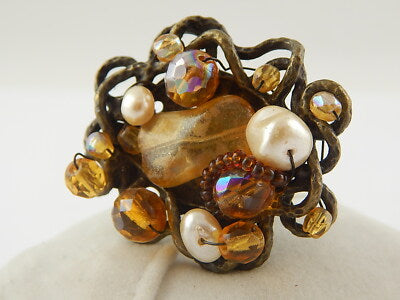 VINTAGE IMPORTANTE PREZIOSO ANELLO COCKTAIL METALLO PERLE PIETRE E CRISTALLI