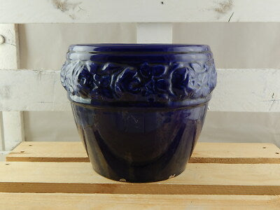 ANTICO ARTIGIANALE CACHE POT VASO JARDINIERE MAIOLICA CERAMICA SMALTATO BLU 1733