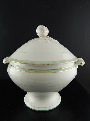 ANTICA RARA ZUPPIERA PORCELLANA VIEUX PARIGI BIANCA PROFILI VERDI E ORO FINE 800