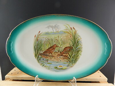 ANTICO 1800 VASSOIO PIATTO OVALE PORCELLANA AUSTRIA VIENNA VERDE ORO BECCACCE