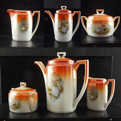 ANTICO SET DA CAFFÈ PORCELLANA DECORO A LUSTRO ARANCIO SCENA GALANTE FINE 800