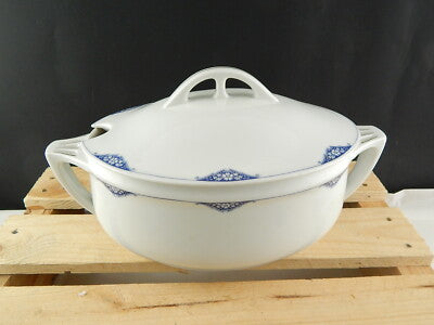 ANTICA ART DECO ZUPPIERA CENTROTAVOLA PORCELLANA BIANCA BLU CHODAU BOHEMIA