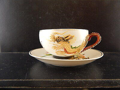 ANTIQUARIATO ORIENTALE PORCELLANA GIAPPONE SATSUMA DRAGO TAZZA TÈ DECORO MANO