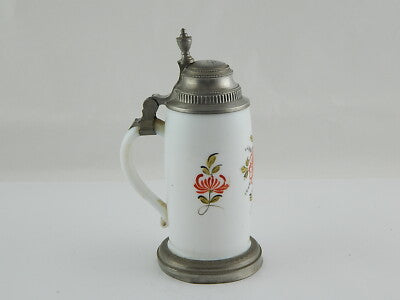 ANTICO PREZIOSO BIEDERMEIER XIX SECOLO BOCCALE BIRRA VETRO OPALINO DIPINTO MANO