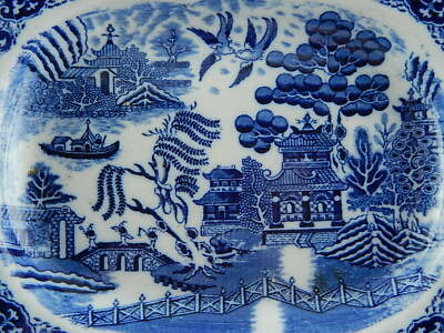 ANTICO VASSOIO CERAMICA TRANSFERWARE WILLOW BIANCO BLU MADE IN ENGLAND 1900