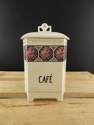 ANTICO LIBERTY BARATTOLO CUCINA CAFE' CAFFE' CERAMICA DECORATA CON ROSE