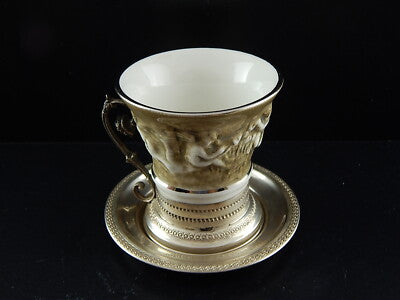 PREZIOSA TAZZINA BASE E PIATTINO ARGENTO 800 PORCELLANA MAS REGIO CAPODIMONTE