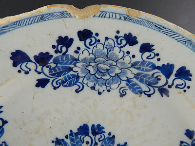 ANTICO GRANDE PIATTO CERAMICA FAIENCE DELFT COLLEZIONE XVIII SECOLO BIANCO BLU