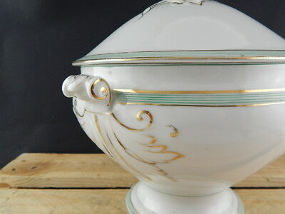 ANTICA ELEGANTE ZUPPIERA PORCELLANA VIEUX PARIS BIANCA DECORI VERDE ORO FINE 800